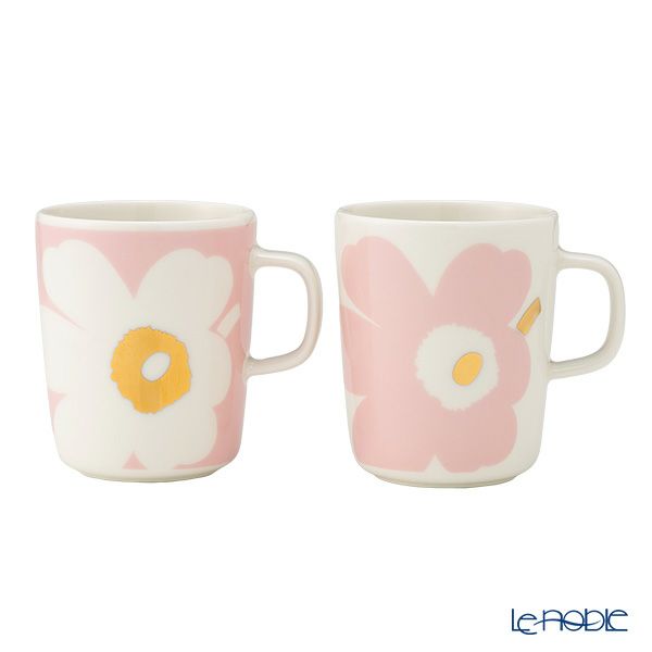 マリメッコ（marimekko） Juhla Unikko ユフラ ウニッコ／けしの花 マグカップ 250ml ホワイト×ピンク×ゴールド ペア 073998-132／25SS
