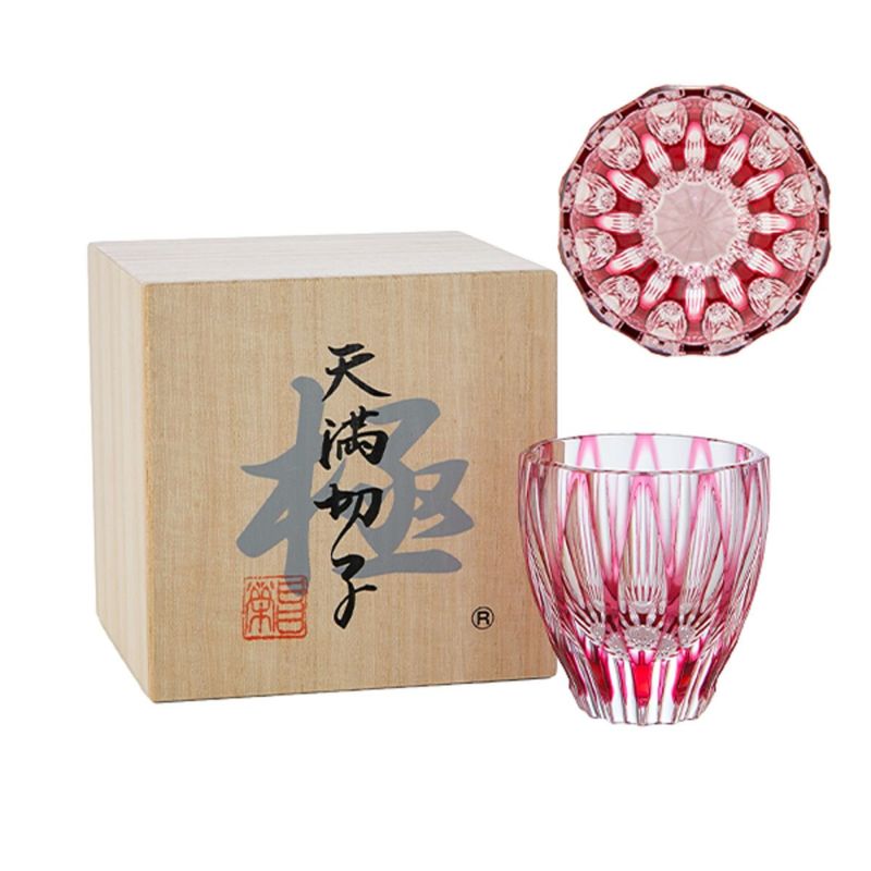 切子工房 昌榮 天満切子 菊花 ぐい呑み 樽 金赤