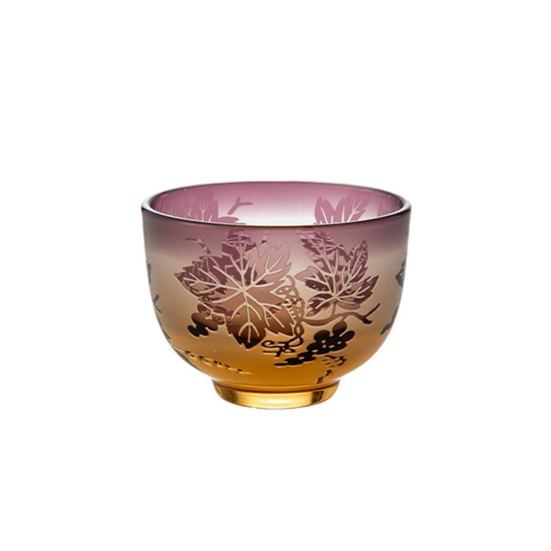 太武朗工房／タブロー 彫刻硝子 夢柄子 ぶどう紋 ぐい呑／豆鉢 アンバー／パープル 80ml 3100