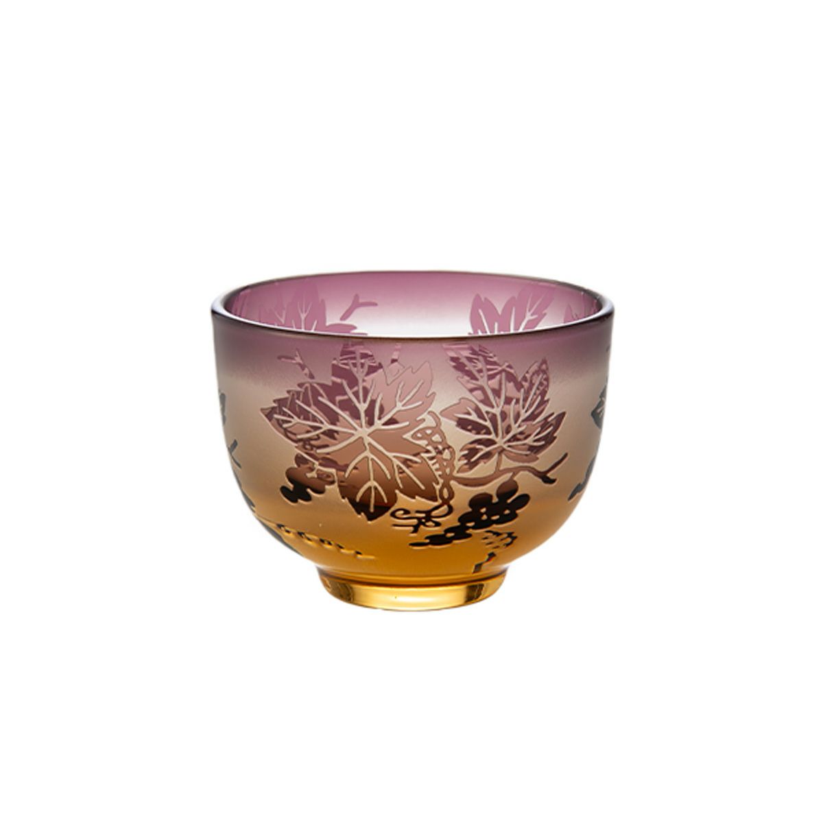 太武朗工房／タブロー 彫刻硝子 夢柄子 ぶどう紋 ぐい呑／豆鉢 アンバー／パープル 80ml 3100