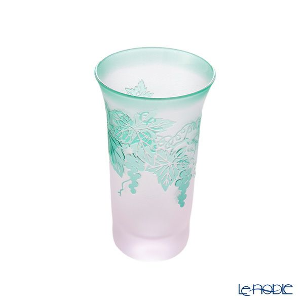 太武朗工房／タブロー 彫刻硝子 夢柄子 ぶどう紋 一口ビールグラス ピンク／グリーン 120ml 3006