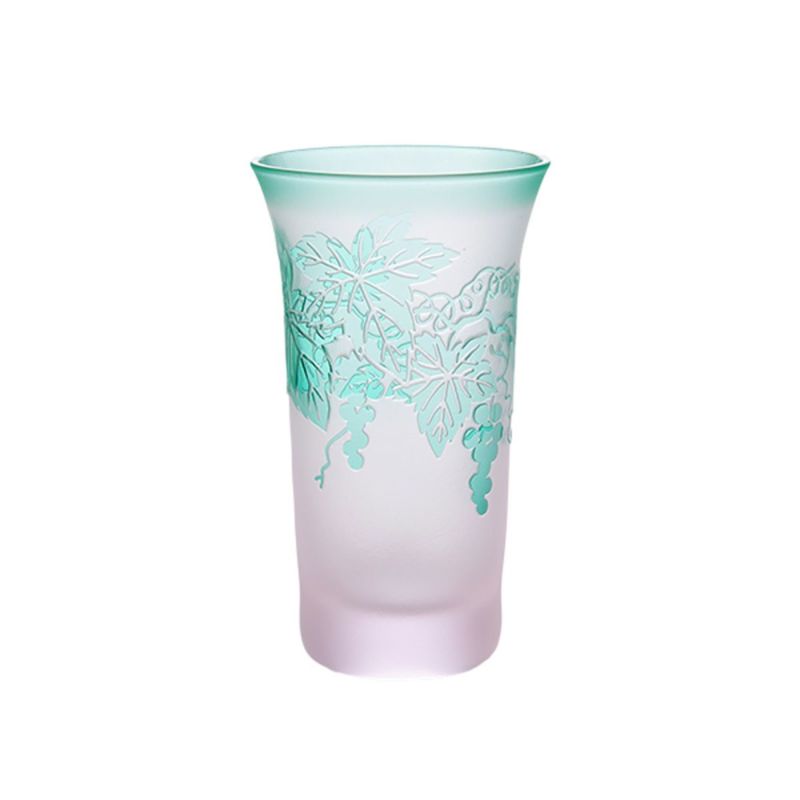 太武朗工房／タブロー 彫刻硝子 夢柄子 ぶどう紋 一口ビールグラス ピンク／グリーン 120ml 3006
