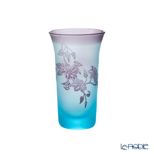 太武朗工房／タブロー 彫刻硝子 夢柄子 鉄線紋 一口ビールグラス ブルー／パープル 120ml 3506