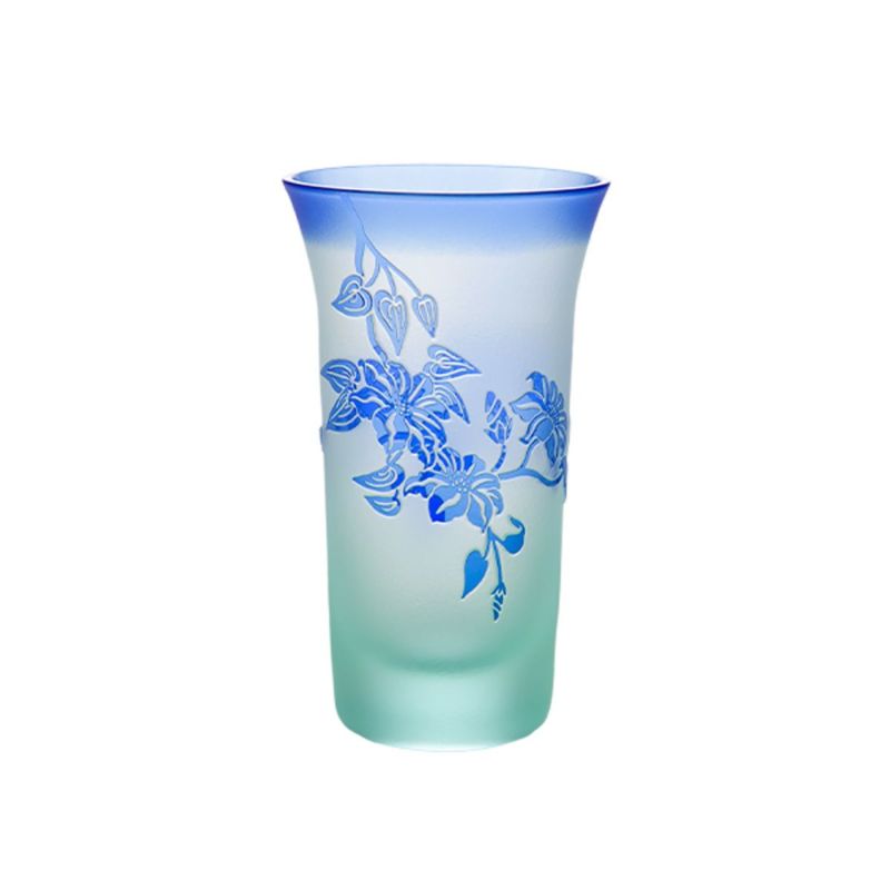 太武朗工房／タブロー 彫刻硝子 夢柄子 鉄線紋 一口ビールグラス グリーン／ブルー 120ml 4106