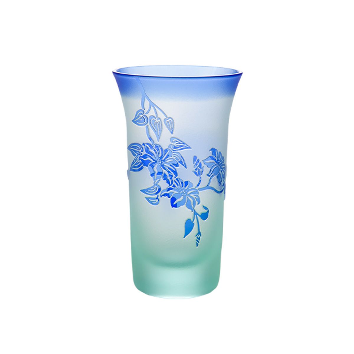 太武朗工房／タブロー 彫刻硝子 夢柄子 鉄線紋 一口ビールグラス グリーン／ブルー 120ml 4106