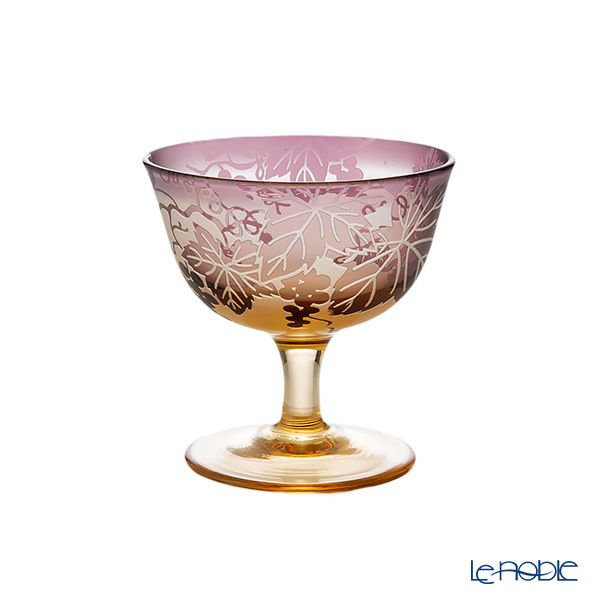 太武朗工房／タブロー 彫刻硝子 夢柄子 ぶどう紋 食前酒グラス／脚付小鉢 アンバー／パープル 100ml 3107