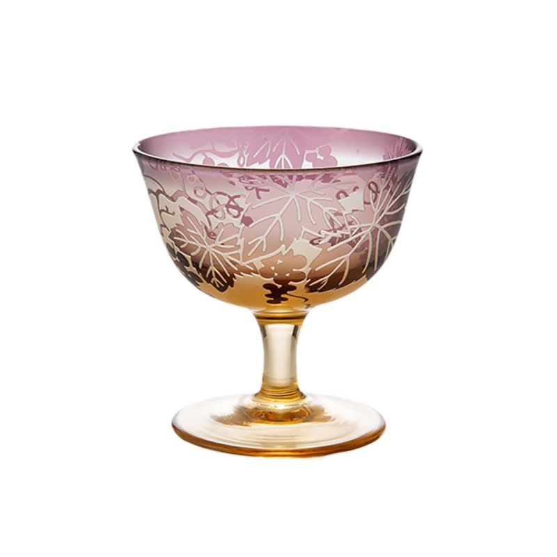 太武朗工房／タブロー 彫刻硝子 夢柄子 ぶどう紋 食前酒グラス／脚付小鉢 アンバー／パープル 100ml 3107