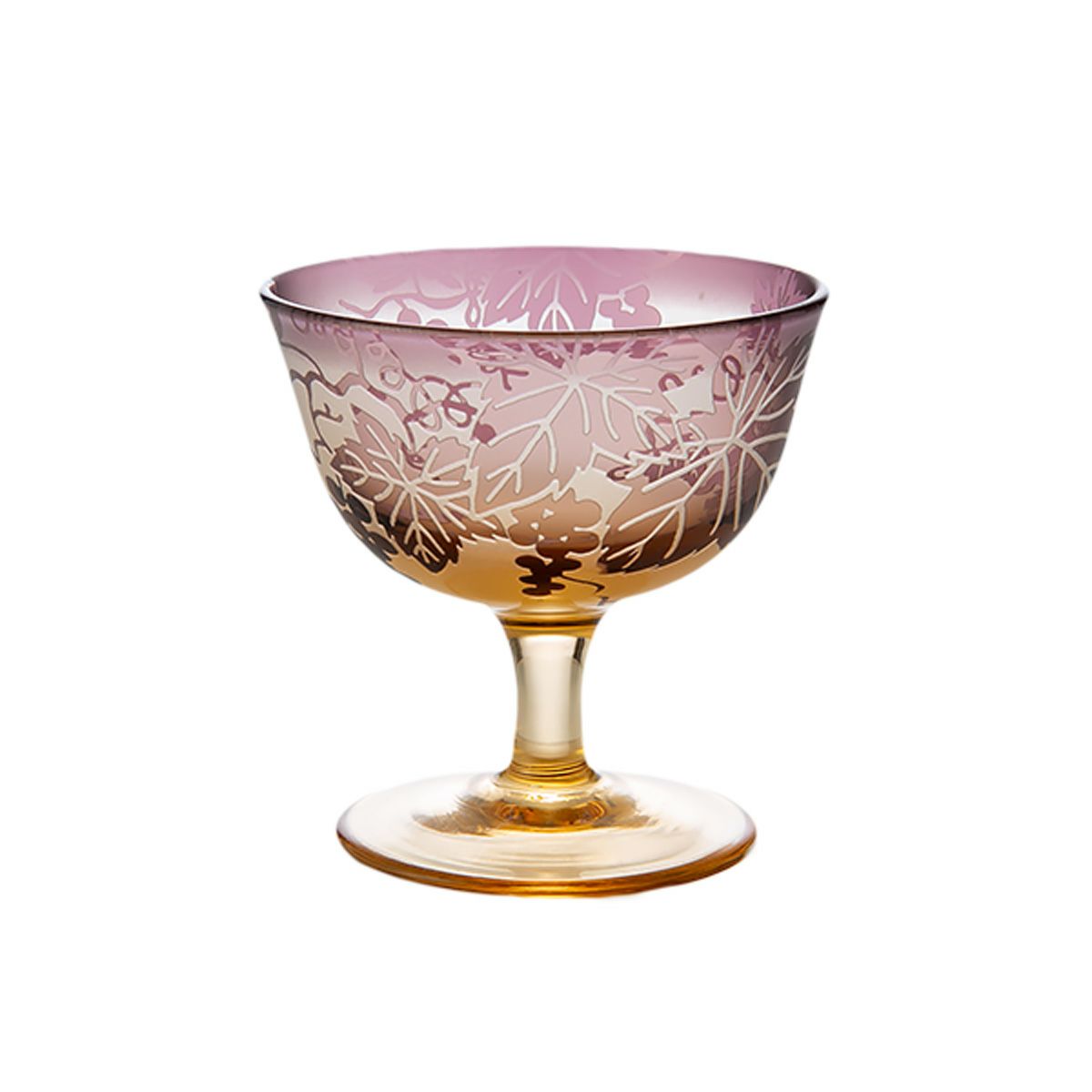 太武朗工房／タブロー 彫刻硝子 夢柄子 ぶどう紋 食前酒グラス／脚付小鉢 アンバー／パープル 100ml 3107