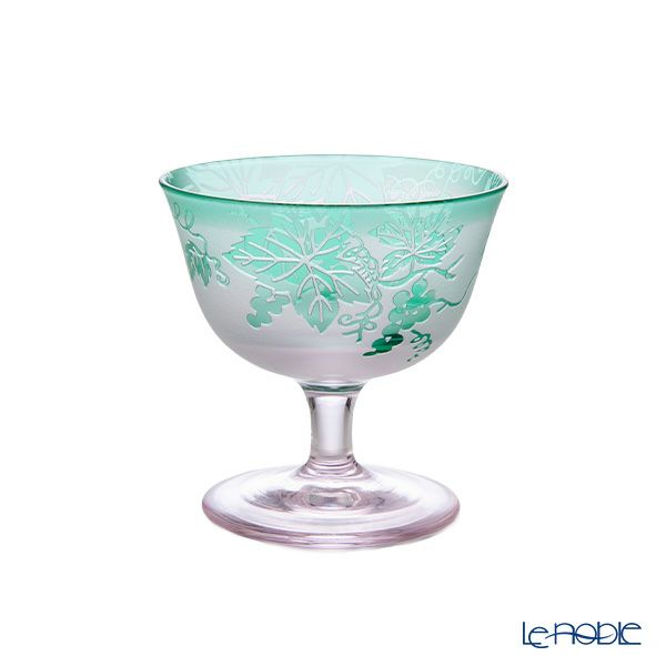 太武朗工房／タブロー 彫刻硝子 夢柄子 ぶどう紋 食前酒グラス／脚付小鉢 ピンク／グリーン 100ml 3007