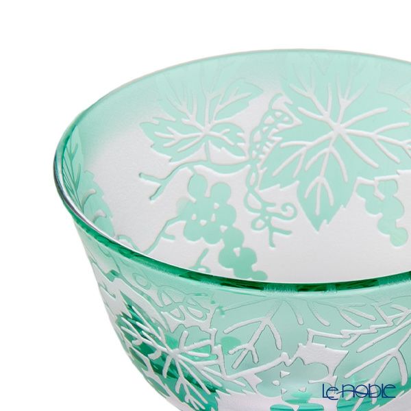 太武朗工房／タブロー 彫刻硝子 夢柄子 ぶどう紋 食前酒グラス／脚付小鉢 ピンク／グリーン 100ml 3007