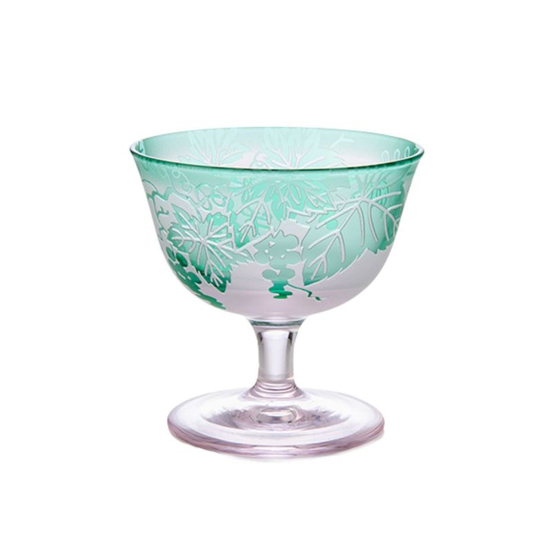 太武朗工房／タブロー 彫刻硝子 夢柄子 ぶどう紋 食前酒グラス／脚付小鉢 ピンク／グリーン 100ml 3007