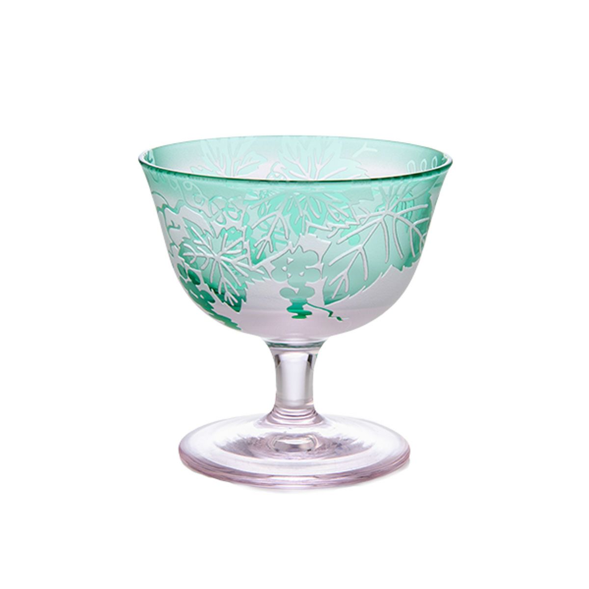 太武朗工房／タブロー 彫刻硝子 夢柄子 ぶどう紋 食前酒グラス／脚付小鉢 ピンク／グリーン 100ml 3007
