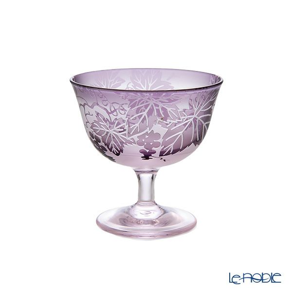 太武朗工房／タブロー 彫刻硝子 夢柄子 ぶどう紋 食前酒グラス／脚付小鉢 ピンク／パープル 100ml 3407