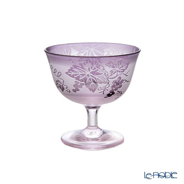 太武朗工房／タブロー 彫刻硝子 夢柄子 ぶどう紋 食前酒グラス／脚付小鉢 ピンク／パープル 100ml 3407