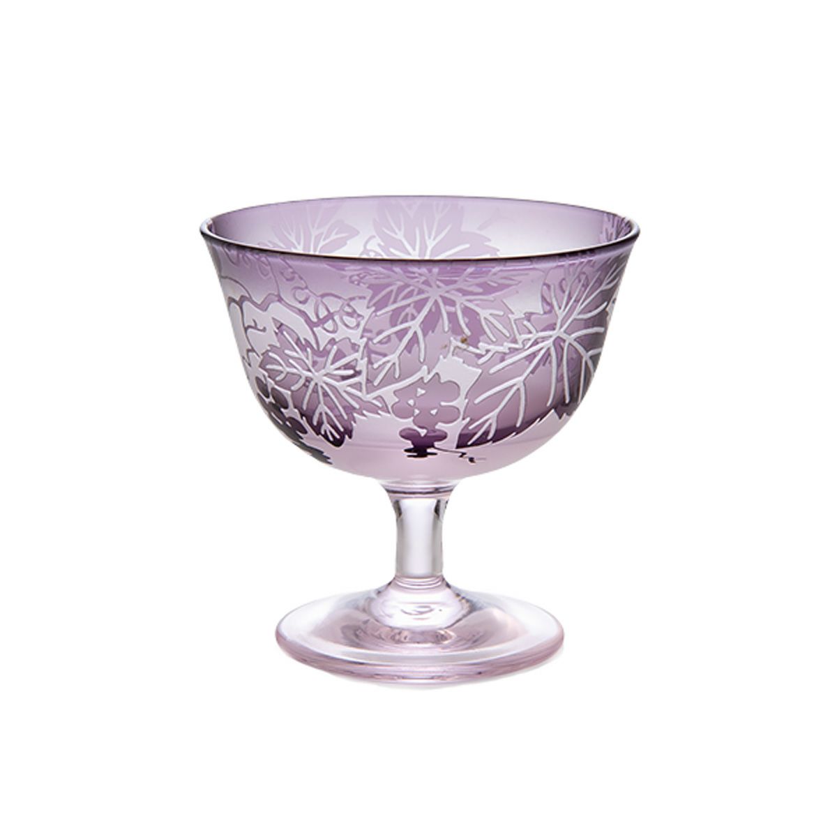 太武朗工房／タブロー 彫刻硝子 夢柄子 ぶどう紋 食前酒グラス／脚付小鉢 ピンク／パープル 100ml 3407