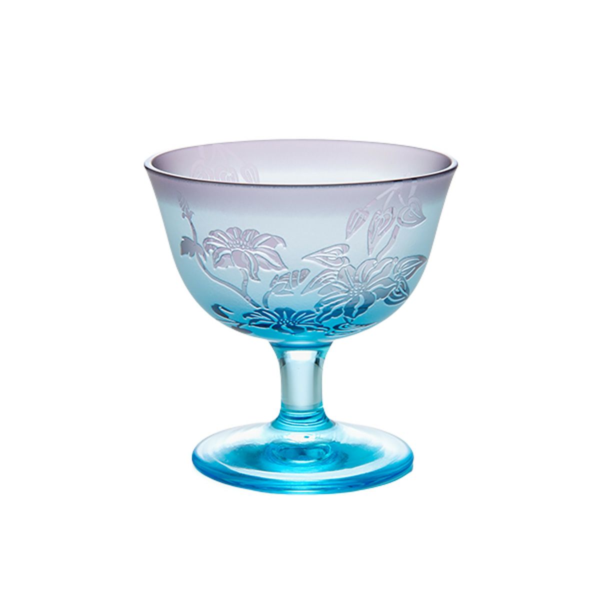 太武朗工房／タブロー 彫刻硝子 夢柄子 鉄線紋 食前酒グラス／脚付小鉢 ブルー／パープル 100ml 3507