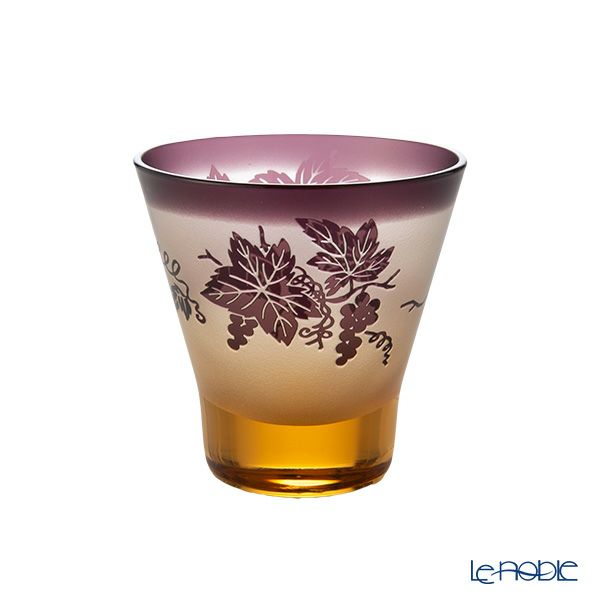 太武朗工房／タブロー 彫刻硝子 夢柄子 ぶどう紋 高台オールドグラス アンバー／パープル 210ml 3167