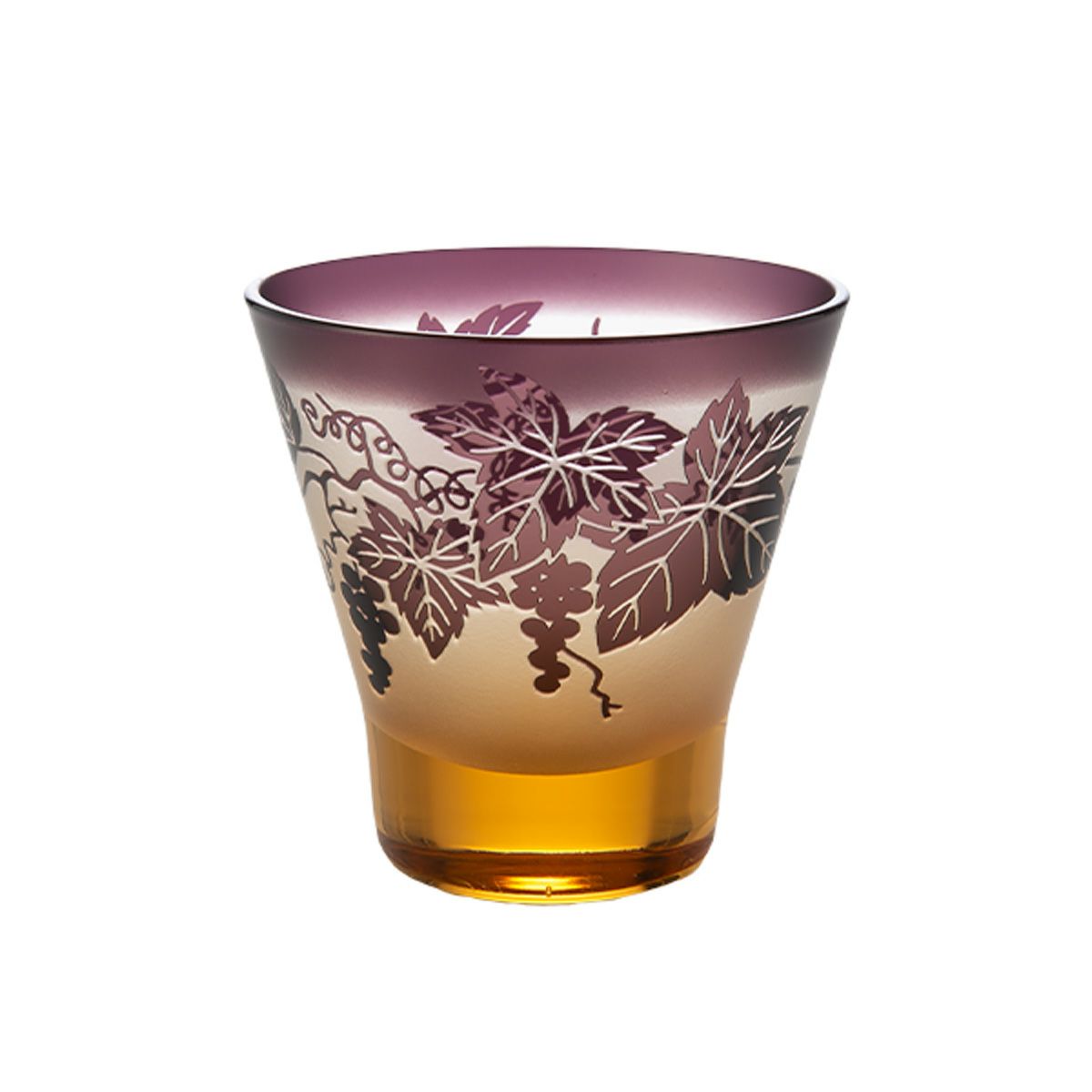 太武朗工房／タブロー 彫刻硝子 夢柄子 ぶどう紋 高台オールドグラス アンバー／パープル 210ml 3167
