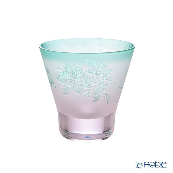 太武朗工房／タブロー 彫刻硝子 夢柄子 ぶどう紋 高台オールドグラス ピンク／グリーン 210ml 3067