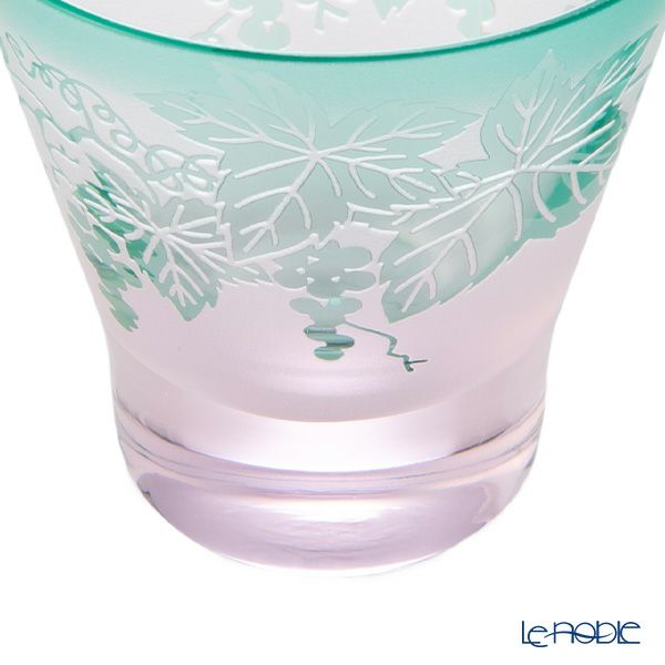 太武朗工房／タブロー 彫刻硝子 夢柄子 ぶどう紋 高台オールドグラス ピンク／グリーン 210ml 3067
