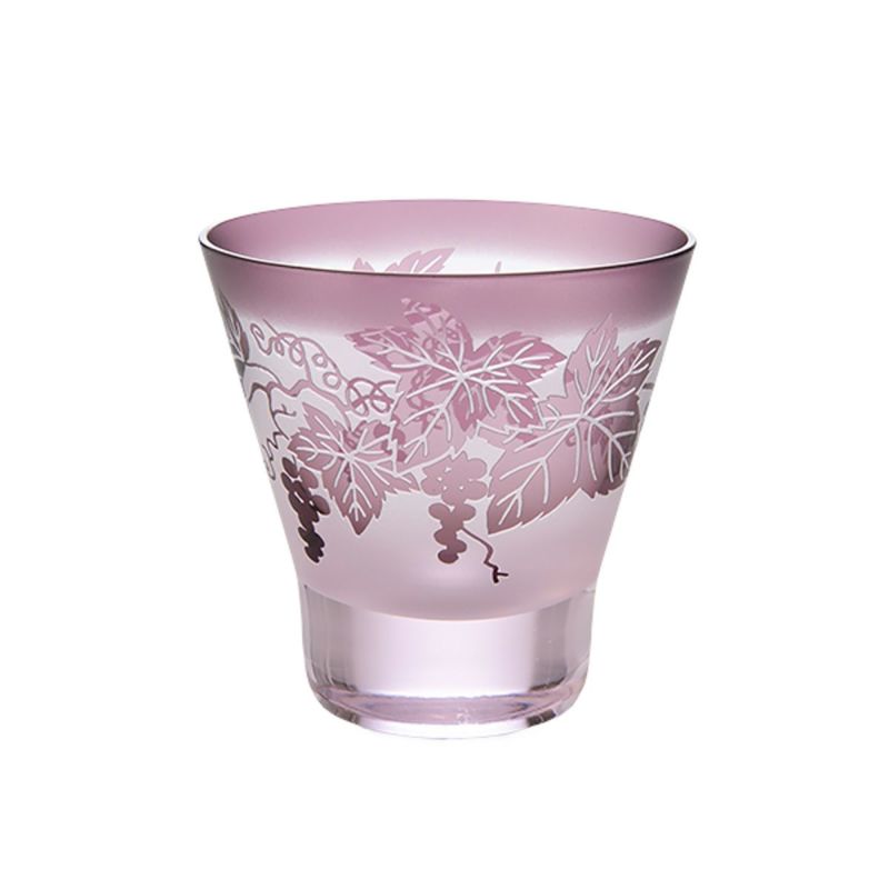 太武朗工房／タブロー 彫刻硝子 夢柄子 ぶどう紋 高台オールドグラス ピンク／パープル 210ml 3467