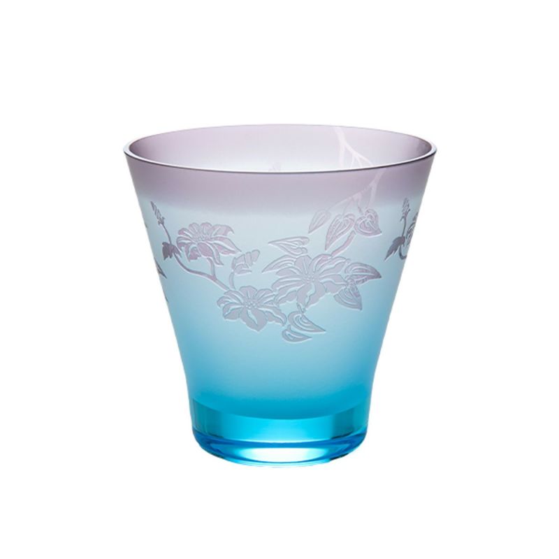 太武朗工房／タブロー 彫刻硝子 夢柄子 鉄線紋 高台オールドグラス ブルー／パープル 210ml 3567