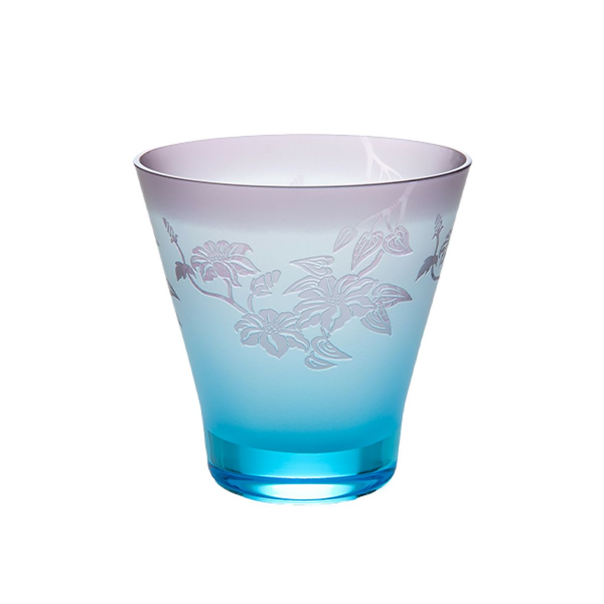 太武朗工房／タブロー 彫刻硝子 夢柄子 鉄線紋 高台オールドグラス ブルー／パープル 210ml 3567