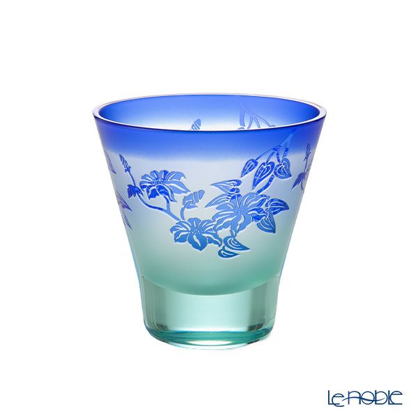 太武朗工房／タブロー 彫刻硝子 夢柄子 鉄線紋 高台オールドグラス グリーン／ブルー 210ml 4167