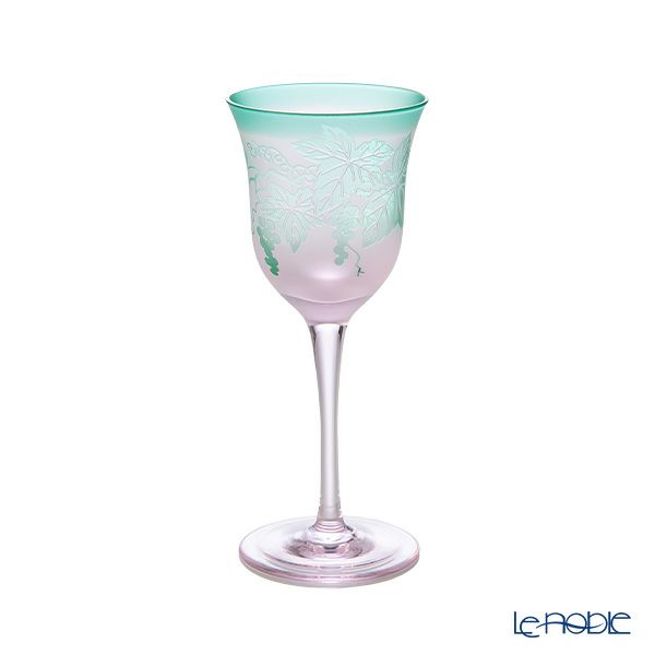 太武朗工房／タブロー 彫刻硝子 夢柄子 ぶどう紋 ワイングラス ピンク／グリーン 140ml 3028