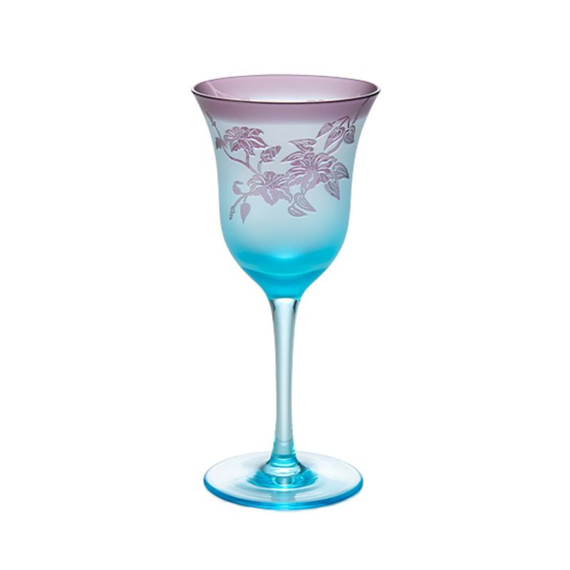 太武朗工房／タブロー 彫刻硝子 夢柄子 鉄線紋 ワイングラス ブルー／パープル 140ml 3528