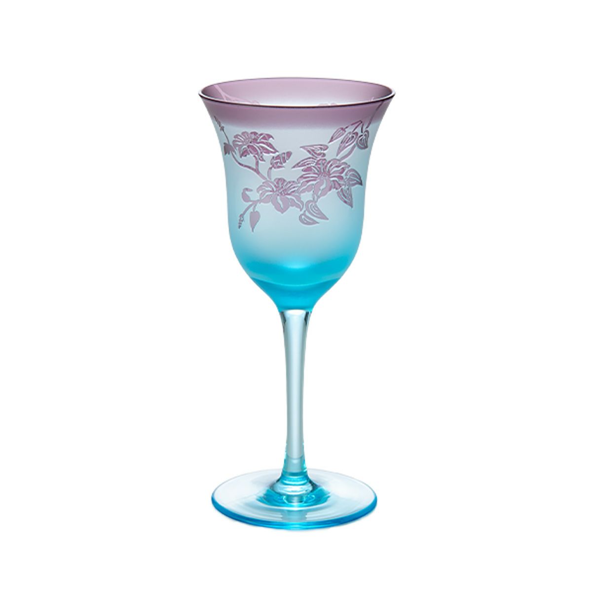 太武朗工房／タブロー 彫刻硝子 夢柄子 鉄線紋 ワイングラス ブルー／パープル 140ml 3528