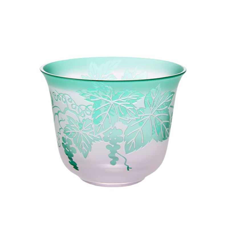 太武朗工房／タブロー 彫刻硝子 夢柄子 ぶどう紋 冷茶椀 ピンク／グリーン 180ml 3005
