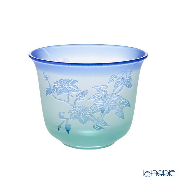 太武朗工房／タブロー 彫刻硝子 夢柄子 鉄線紋 冷茶椀 グリーン／ブルー 180ml 4105