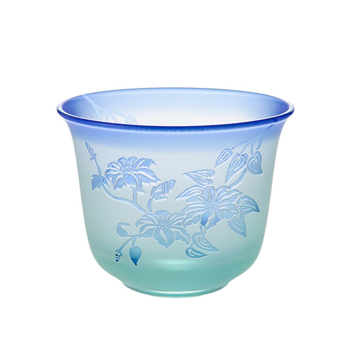 太武朗工房／タブロー 彫刻硝子 夢柄子 鉄線紋 冷茶椀 グリーン／ブルー 180ml 4105