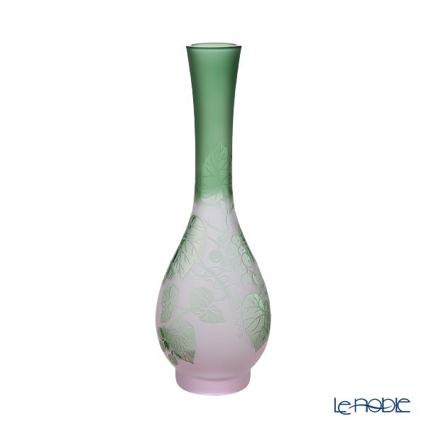 太武朗工房／タブロー 彫刻硝子 夢柄子 ぶどう紋 つる首一輪挿し ピンク／グリーン 3023