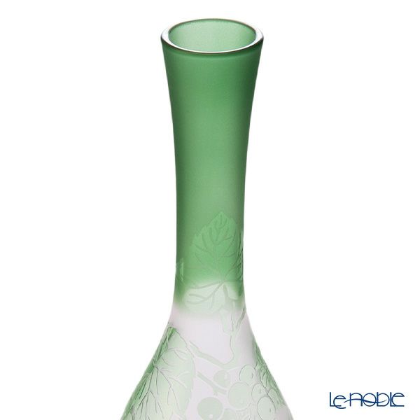 太武朗工房／タブロー 彫刻硝子 夢柄子 ぶどう紋 つる首一輪挿し ピンク／グリーン 3023