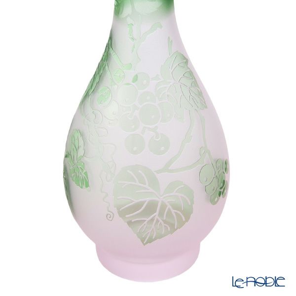 太武朗工房／タブロー 彫刻硝子 夢柄子 ぶどう紋 つる首一輪挿し ピンク／グリーン 3023