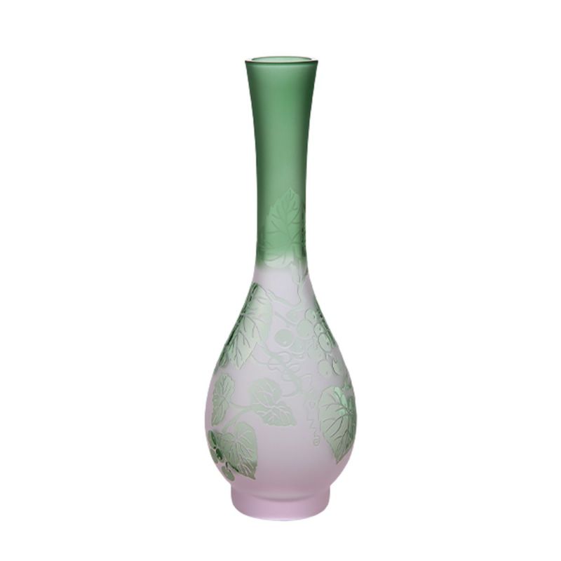 太武朗工房／タブロー 彫刻硝子 夢柄子 ぶどう紋 つる首一輪挿し ピンク／グリーン 3023