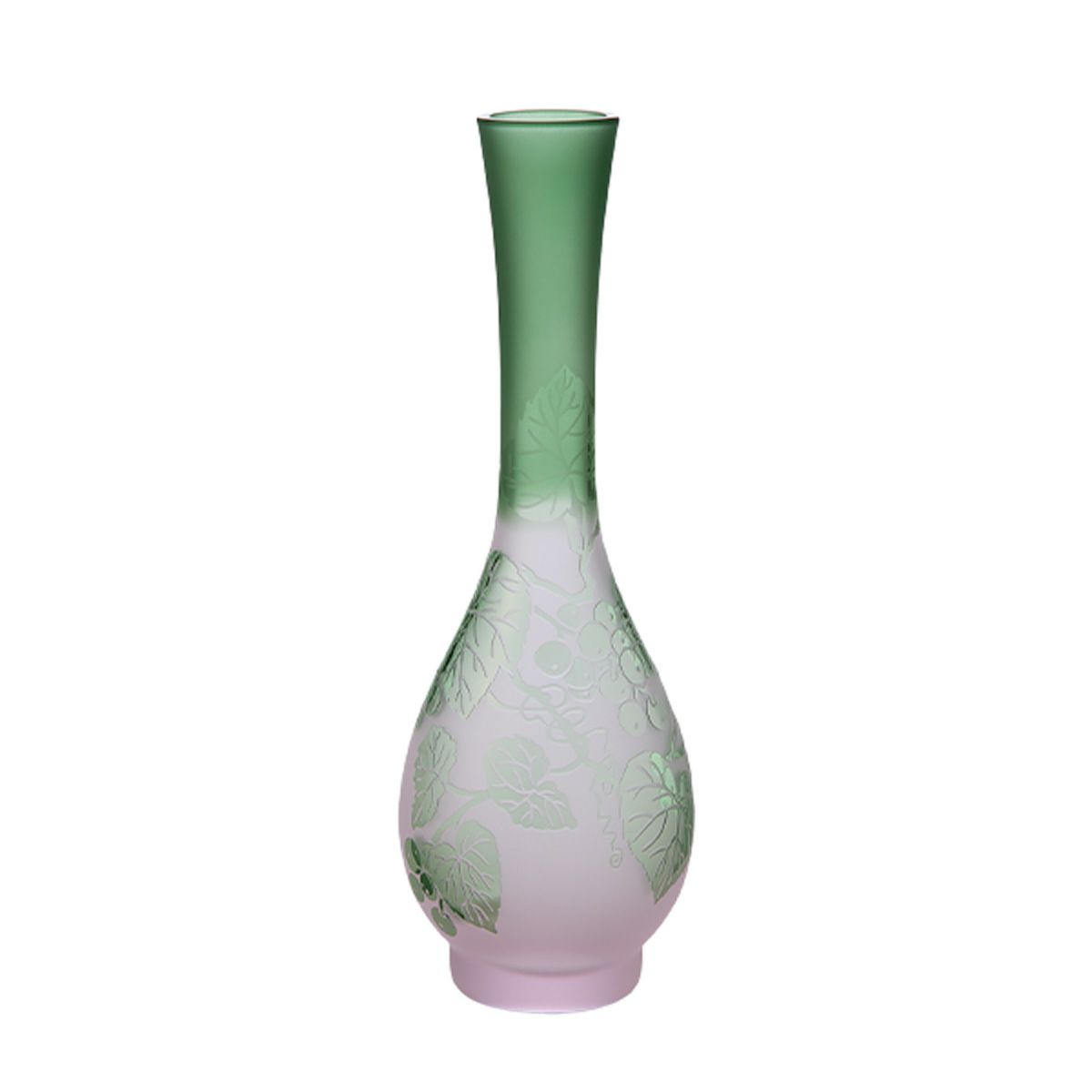 太武朗工房／タブロー 彫刻硝子 夢柄子 ぶどう紋 つる首一輪挿し ピンク／グリーン 3023
