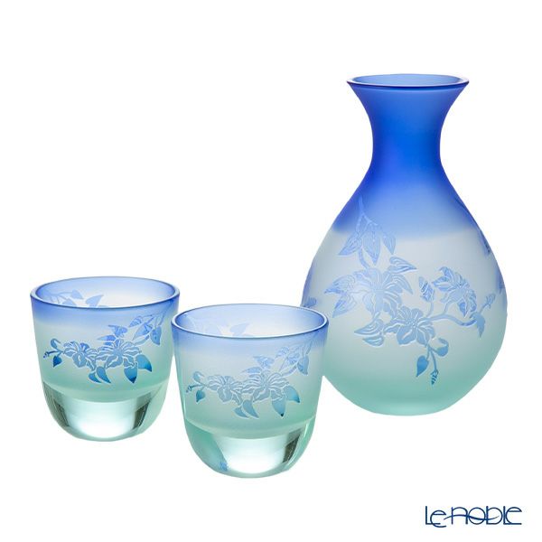太武朗工房／タブロー 彫刻硝子 夢柄子 鉄線紋 酒器三点揃 グリーン／ブルー 盃55ml 徳利210ml 4110S
