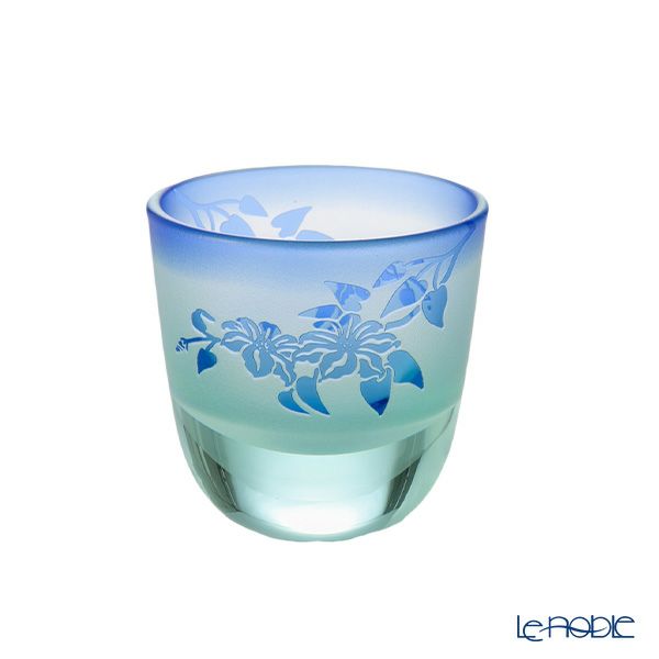 太武朗工房／タブロー 彫刻硝子 夢柄子 鉄線紋 酒器三点揃 グリーン／ブルー 盃55ml 徳利210ml 4110S