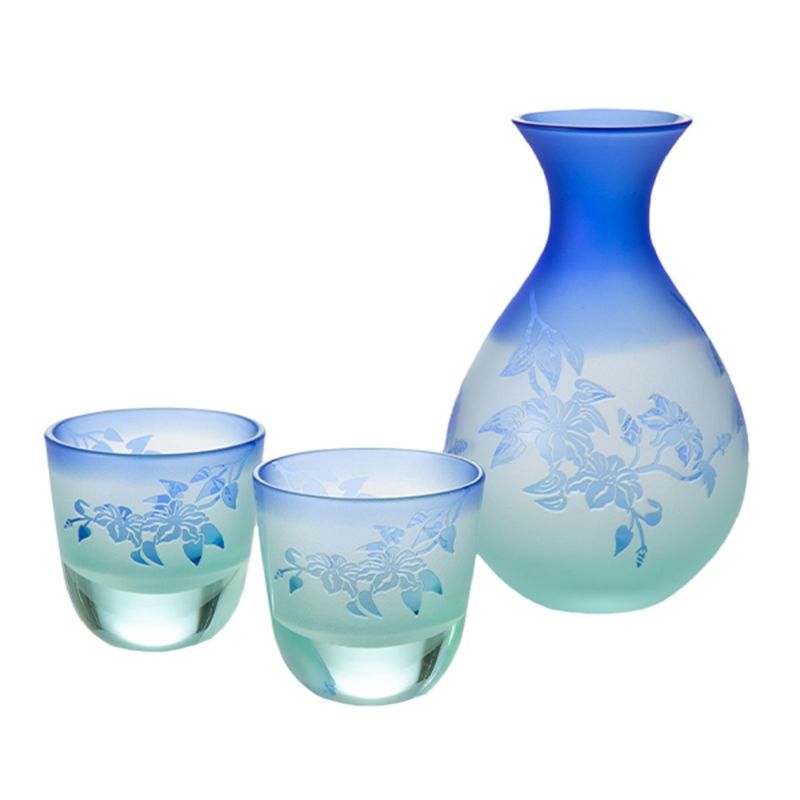 太武朗工房／タブロー 彫刻硝子 夢柄子 鉄線紋 酒器三点揃 グリーン／ブルー 盃55ml 徳利210ml 4110S