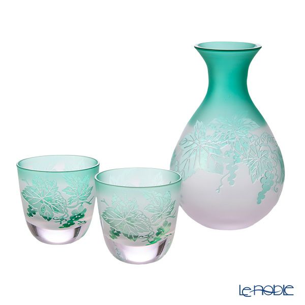 太武朗工房／タブロー 彫刻硝子 夢柄子 ぶどう紋 酒器三点揃 ピンク／グリーン 盃55ml 徳利210ml 3010S
