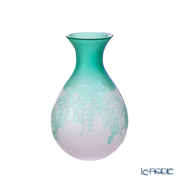 太武朗工房／タブロー 彫刻硝子 夢柄子 ぶどう紋 酒器三点揃 ピンク／グリーン 盃55ml 徳利210ml 3010S