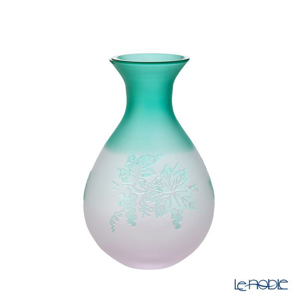 太武朗工房／タブロー 彫刻硝子 夢柄子 ぶどう紋 酒器三点揃 ピンク／グリーン 盃55ml 徳利210ml 3010S