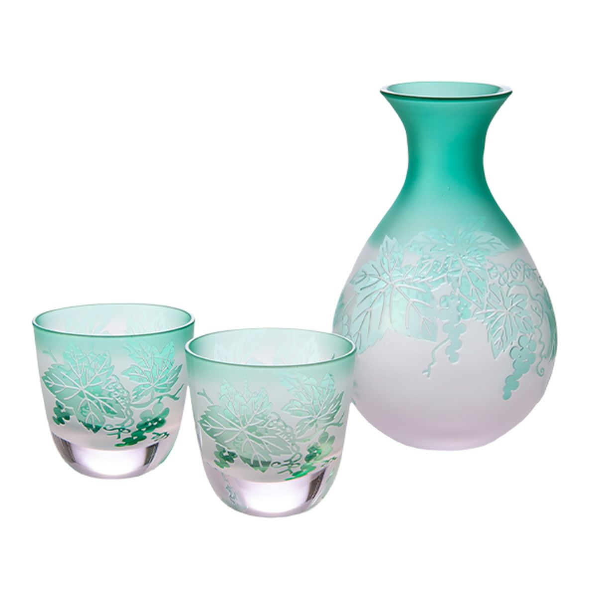 太武朗工房／タブロー 彫刻硝子 夢柄子 ぶどう紋 酒器三点揃 ピンク／グリーン 盃55ml 徳利210ml 3010S