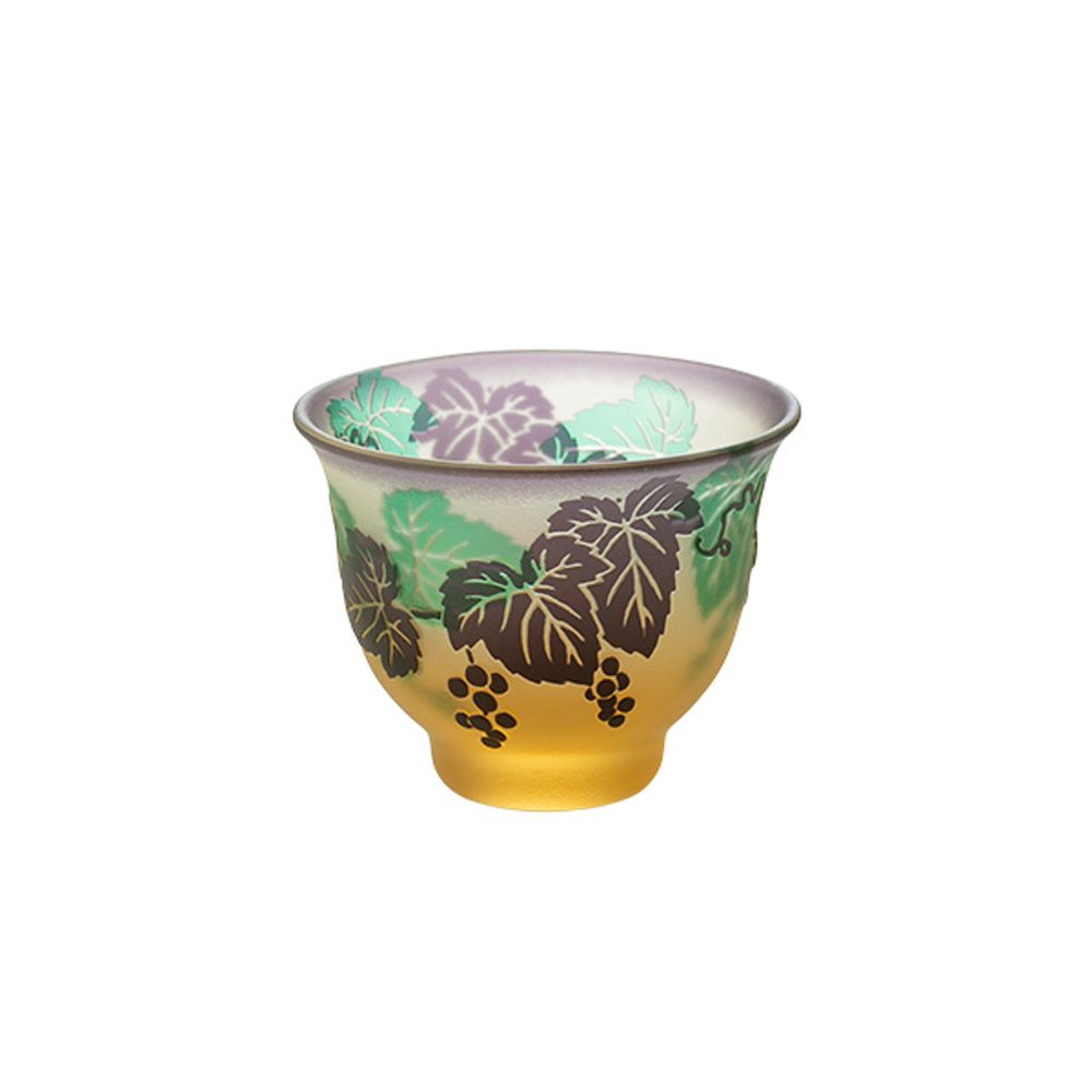 太武朗工房／タブロー 彫刻硝子 幻夢柄子 ぶどう紋 ぐい呑／豆鉢 三層色被せ 70ml 3602