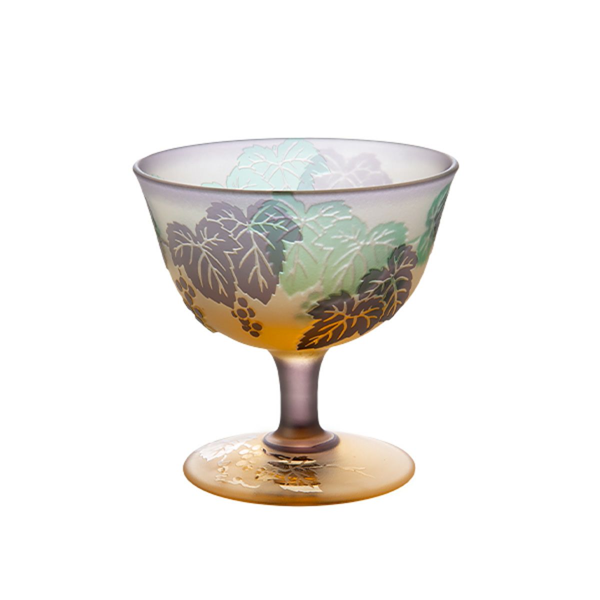 太武朗工房／タブロー 彫刻硝子 幻夢柄子 ぶどう紋 食前酒グラス／脚付小鉢 三層被せ 80ml 3607