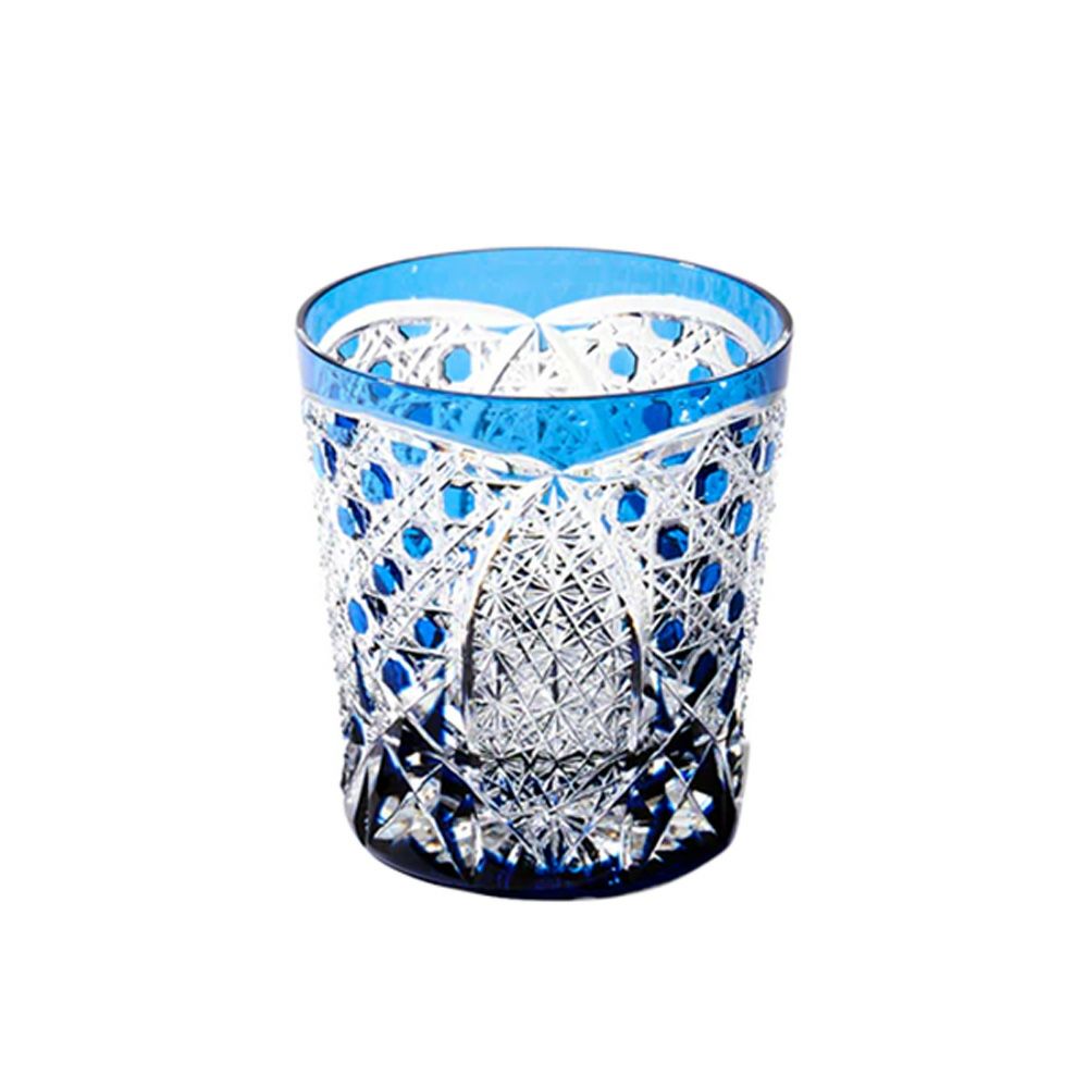 太武朗工房／タブロー 菊繋ぎに籠目紋 オールドグラス 藍 250ml 伝統工芸士 木村泰典 作 5136-3IN