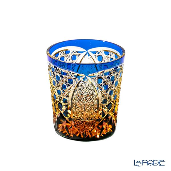 太武朗工房／タブロー 菊繋ぎに籠目紋 オールドグラス 琥珀ルリ 250ml 伝統工芸士 木村泰典 作 5136-34